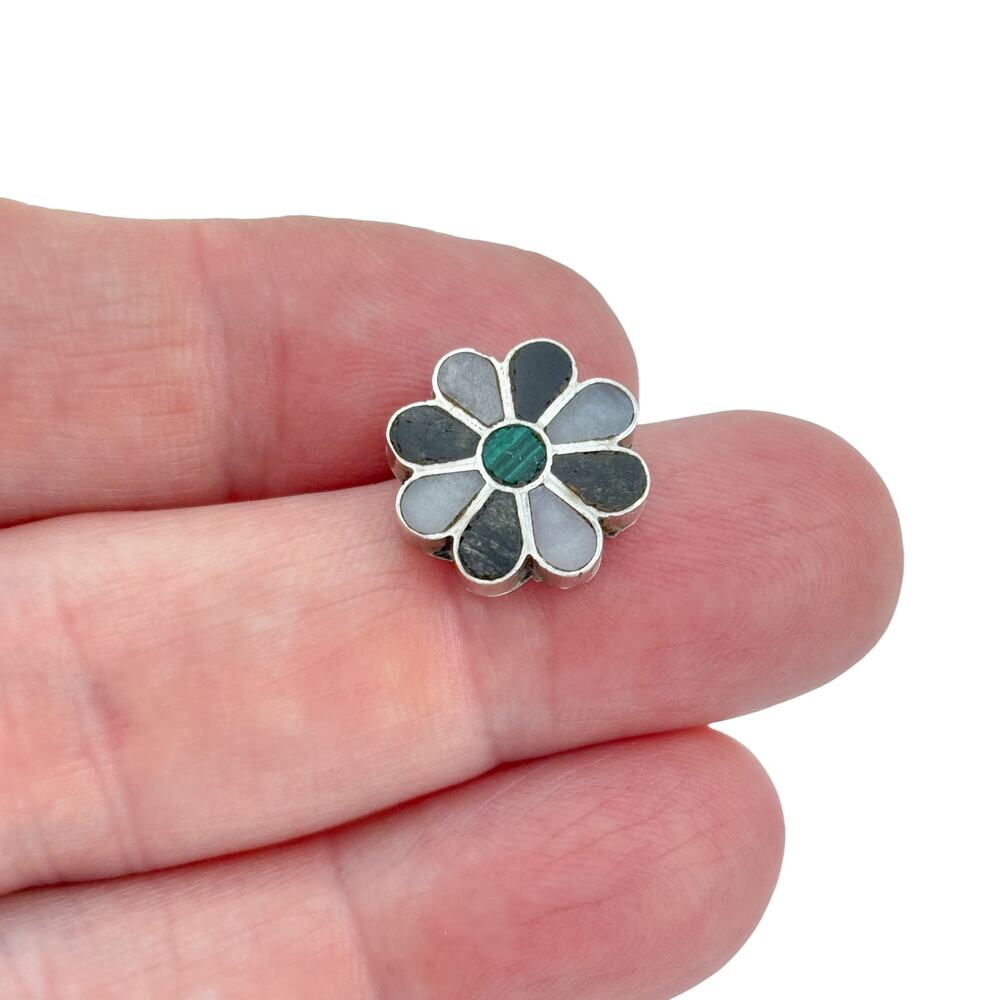 Vintage Sterling Silver 925 Malachite Mother Of Pearl Jet Flower Pendant